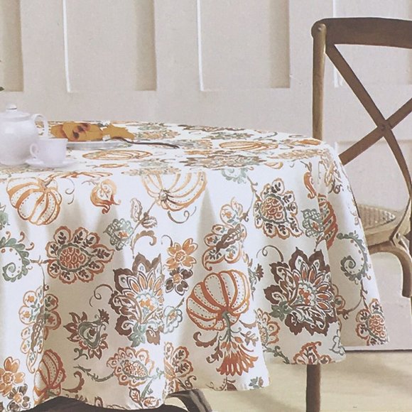 Envogue Tablecloth Pumpkin Jacobean 70 R Cotton Orange Brown Fall Thanksgiving - Picture 1 of 6